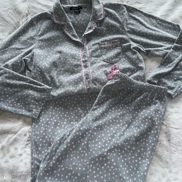 Earth Angels Pajama Set Gray & Pink Polka Dot Soft Fleece Satin Accent Sz Large - Picture 9 of 9